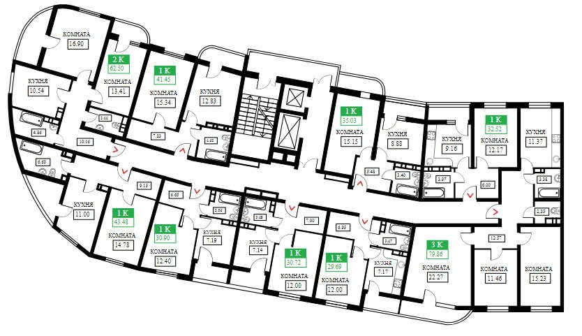 Планировки ЖК Фонтаны литер 12, подъезд 1 (этаж 1-11)
