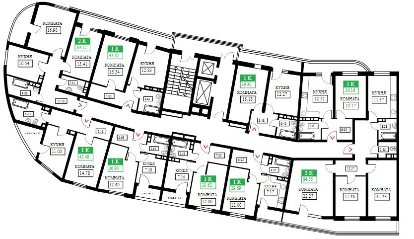 Планировки ЖК Фонтаны литер 12, подъезд 1 (этаж 12-16)